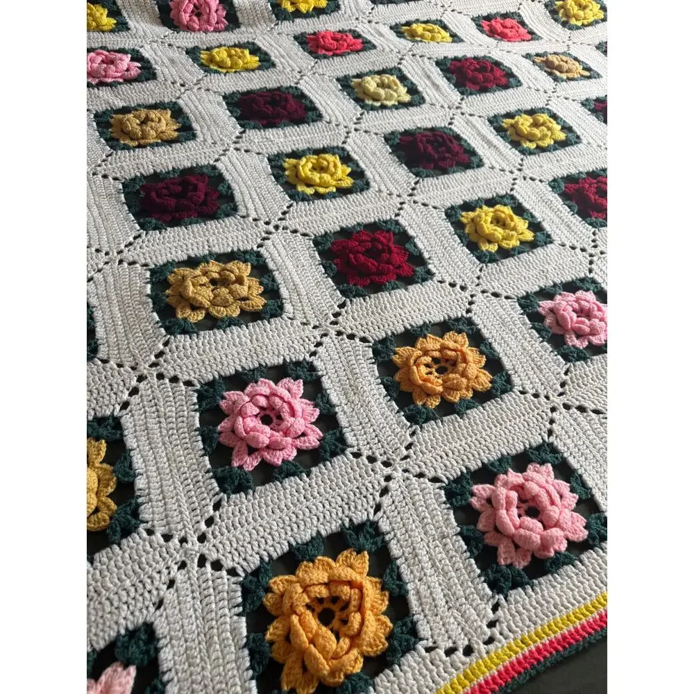 Vintage Granny 3D Rose Square Crochet Afghan Blanket Multi Color Handmade Flower